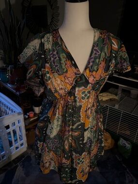 Floral Paisley Mini Dress in Green and Mustard